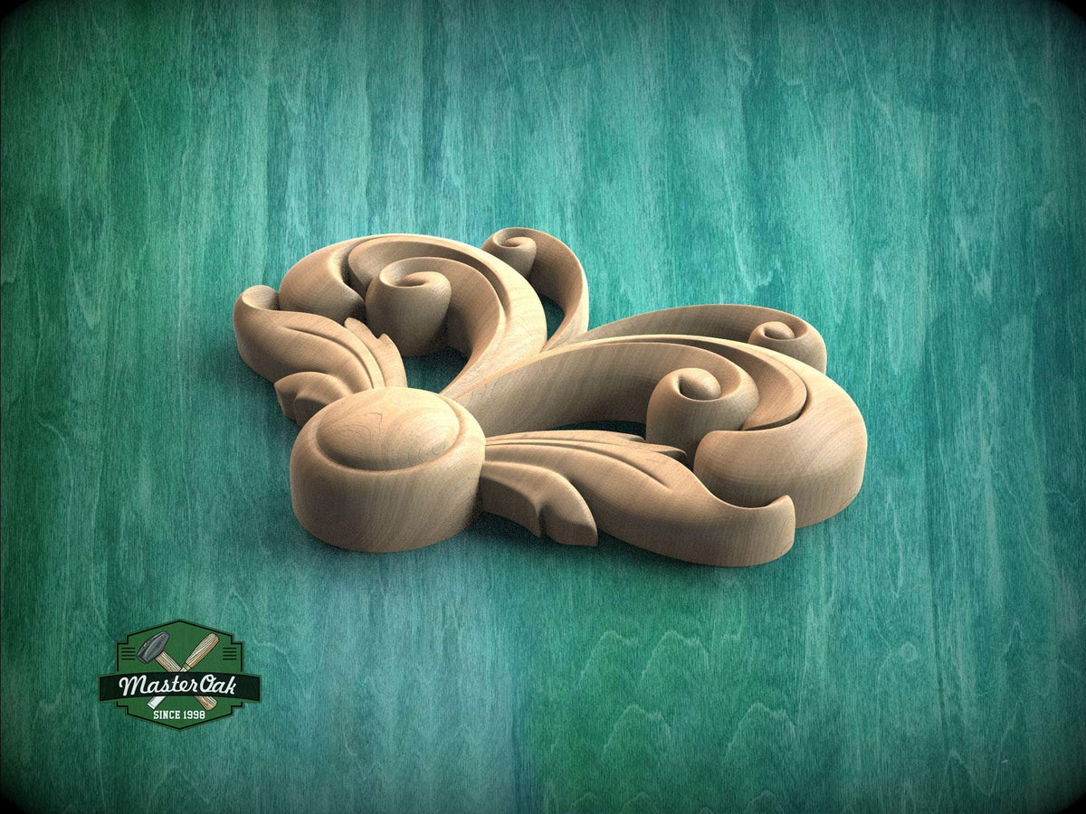 A wooden carving of a stylized flower or leaf design is displayed against a teal-colored background.