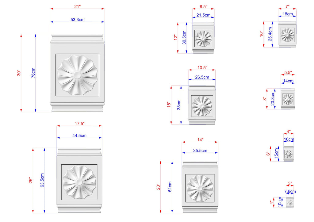 various sizes of white decorative elements, such as a flower-shaped design, which are depicted with their respective dimensions.