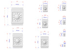 various sizes of white decorative elements, such as a flower-shaped design, which are depicted with their respective dimensions.