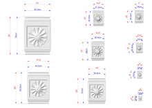 Load image into Gallery viewer, various sizes of white decorative elements, such as a flower-shaped design, which are depicted with their respective dimensions.

