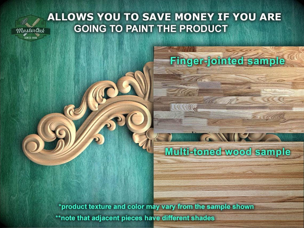 The image is a promotional advertisement for Master Oak, a company that sells wood products. It features a close-up of a wooden carving and a sample of multi-toned wood, along with text that provides information about the products.
