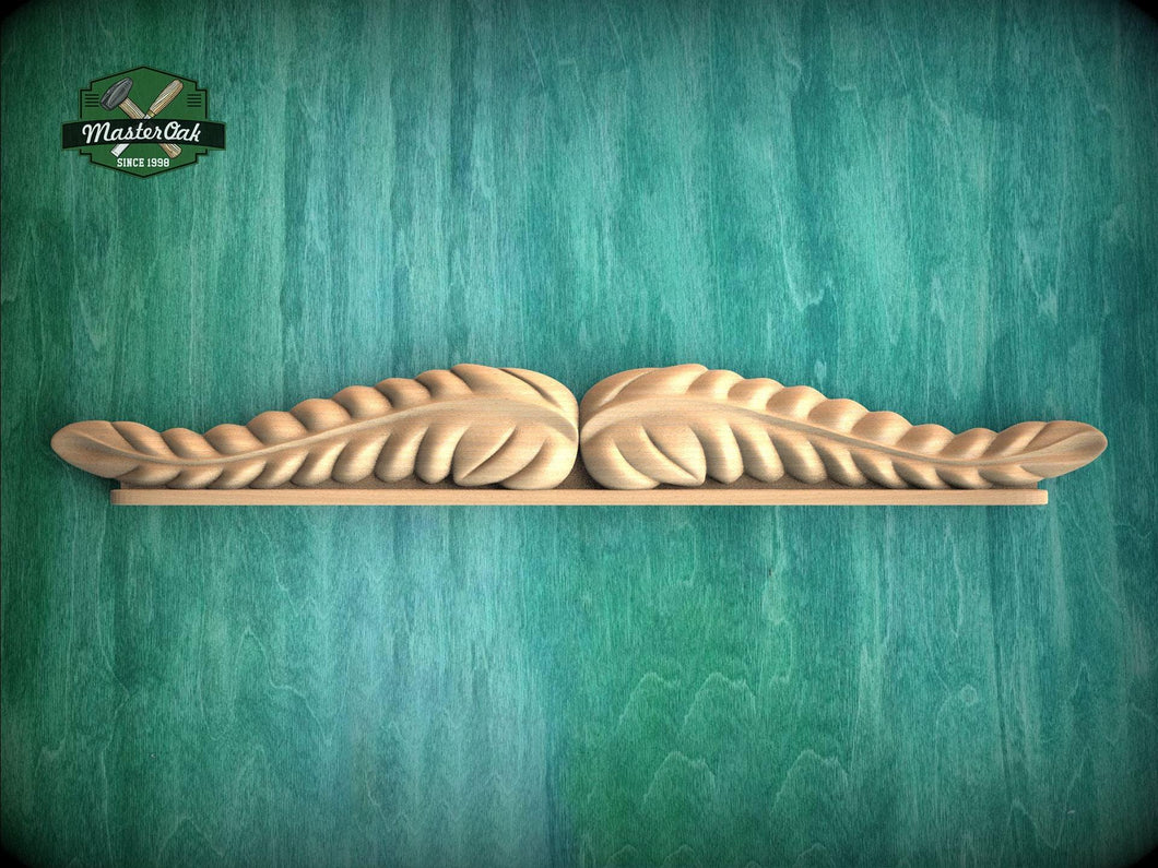 A wooden decorative leaf-like object is displayed against a green textured background.