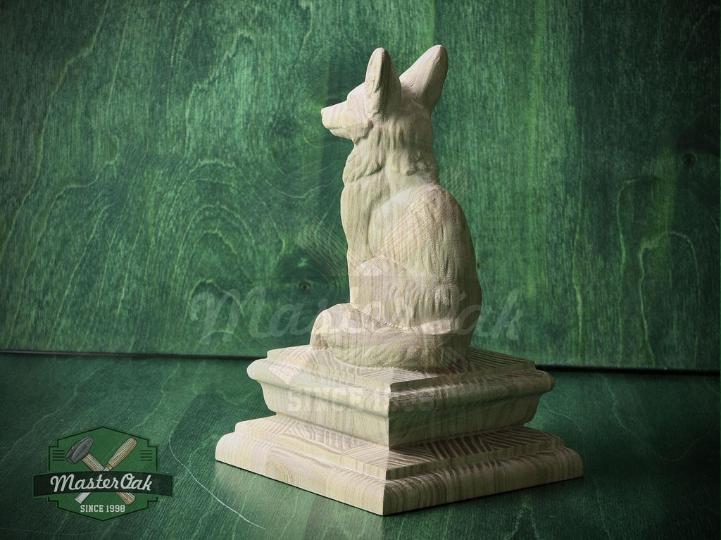 Sitting Fox #2 made of wood, Wooden Finial for Staircase Newel Post, Wood Carved Fox Statue, Rustic Woodland Animal Accent, 1pc, Unpainted