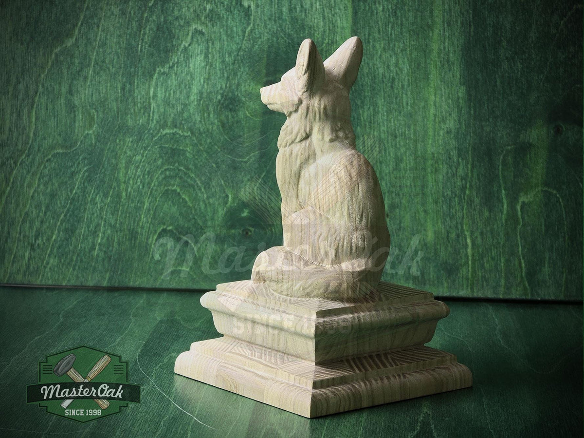 Sitting Fox #2 made of wood, Wooden Finial for Staircase Newel Post, Wood Carved Fox Statue, Rustic Woodland Animal Accent, 1pc, Unpainted