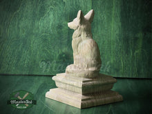 Load image into Gallery viewer, Sitting Fox #2 made of wood, Wooden Finial for Staircase Newel Post, Wood Carved Fox Statue, Rustic Woodland Animal Accent, 1pc, Unpainted
