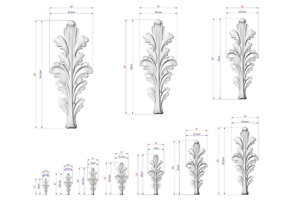 a collection of white, leaf-like sculptures with varying sizes, each accompanied by a set of measurements in inches and centimeters. The sculptures are arranged in a grid-like pattern, with some overlapping each other. The image does not contain any text or additional objects, and the relative positions of the sculptures to each other suggest a well-organized arrangement.