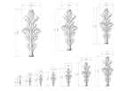 a collection of white, leaf-like sculptures with varying sizes, each accompanied by a set of measurements in inches and centimeters. The sculptures are arranged in a grid-like pattern, with some overlapping each other. The image does not contain any text or additional objects, and the relative positions of the sculptures to each other suggest a well-organized arrangement.