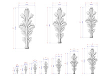 Load image into Gallery viewer, a collection of white, leaf-like sculptures with varying sizes, each accompanied by a set of measurements in inches and centimeters. The sculptures are arranged in a grid-like pattern, with some overlapping each other. The image does not contain any text or additional objects, and the relative positions of the sculptures to each other suggest a well-organized arrangement.
