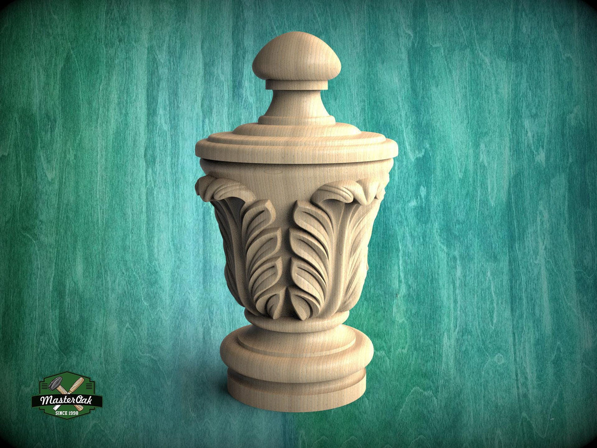 Unpainted Hardwood Finial with Acanthus Leaves, Newel Post Cap
