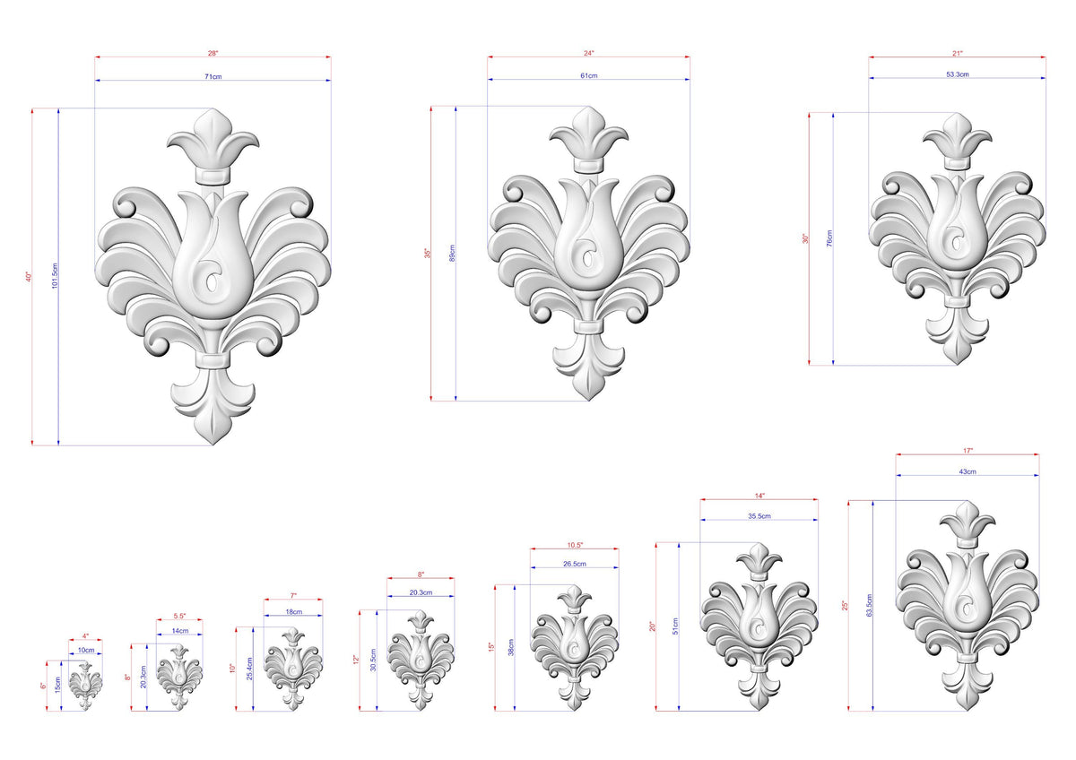 a collection of ornate, decorative designs in a 3D style, including various sizes and shapes of floral or stylized elements. The designs are detailed with measurements and dimensions provided in the image.