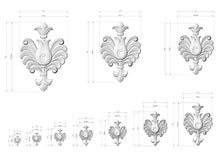 Load image into Gallery viewer, a collection of ornate, decorative designs in a 3D style, including various sizes and shapes of floral or stylized elements. The designs are detailed with measurements and dimensions provided in the image.
