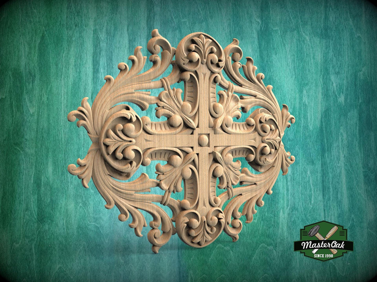 Renaissance Inspired Central Carved Wood Onlay, Wooden Onlay Decor, Unpainted, 1pc, Home Wall Embellishments