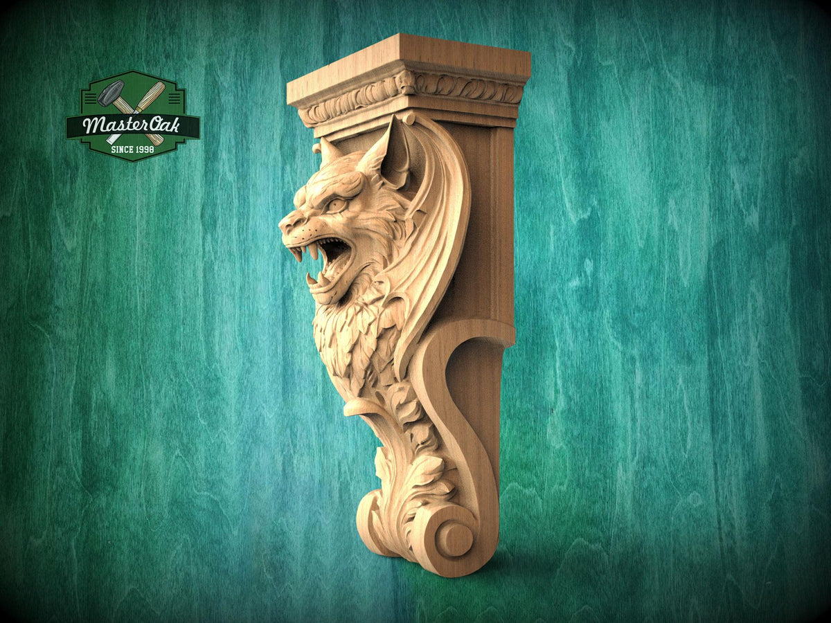 A carved wooden lion head with a fierce expression is displayed against a green background.