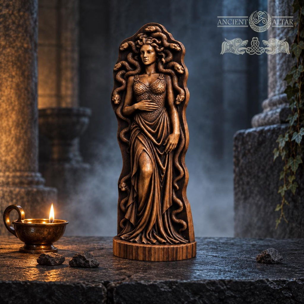 Medusa Gorgon Statue with Snakes, Wooden Greek Mythology Figurine, Serpent Woman Sculpture, Gothic Altar Decor, Fantasy Gift