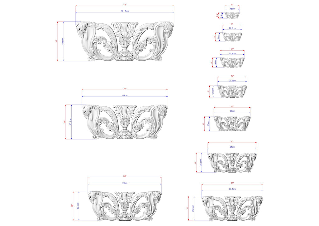 a series of ornate, decorative bowls or vases, each with a unique design and size. The bowls are shown in various sizes, ranging from small to large, and are intricately crafted with detailed patterns and shapes. The image provides measurements and dimensions for each bowl, allowing for a clear understanding of the design and size variations.