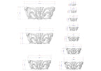 a series of ornate, decorative bowls or vases, each with a unique design and size. The bowls are shown in various sizes, ranging from small to large, and are intricately crafted with detailed patterns and shapes. The image provides measurements and dimensions for each bowl, allowing for a clear understanding of the design and size variations.