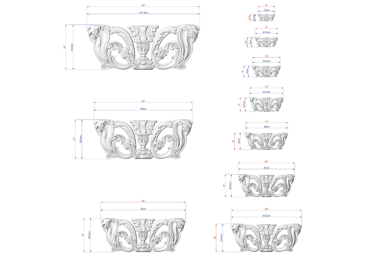 a series of ornate, decorative bowls or vases, each with a unique design and size. The bowls are shown in various sizes, ranging from small to large, and are intricately crafted with detailed patterns and shapes. The image provides measurements and dimensions for each bowl, allowing for a clear understanding of the design and size variations.
