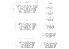 Load image into Gallery viewer, a series of ornate, decorative bowls or vases, each with a unique design and size. The bowls are shown in various sizes, ranging from small to large, and are intricately crafted with detailed patterns and shapes. The image provides measurements and dimensions for each bowl, allowing for a clear understanding of the design and size variations.
