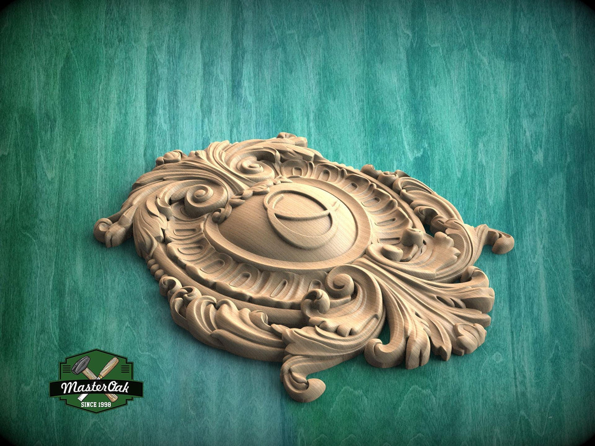 Personalized Classic Wooden Shield Onlay, Artisanal Baroque Flourishes for Interiors, 1 pc, Unpainted, Home Wall Decor, wooden trims