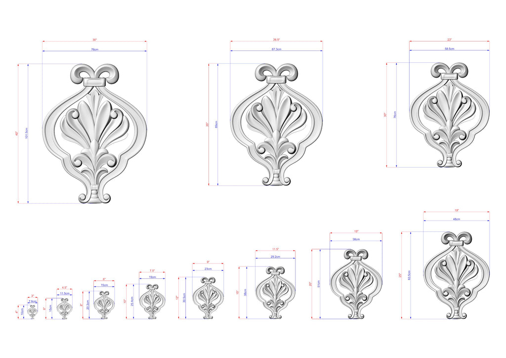 a collection of three ornate, decorative metal designs, each with its own unique size and shape. The designs are shown in a grid format, with each design being a separate element. The image also includes measurements and scale drawings for each design, providing a detailed visual representation of the intricate details and craftsmanship of the metalwork.