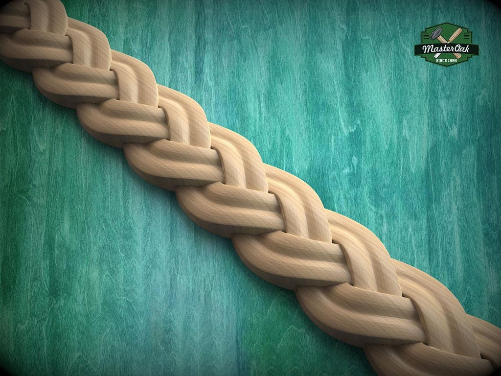 A close-up view of a braided wooden object, possibly a piece of furniture or a decorative item, set against a green wooden background.