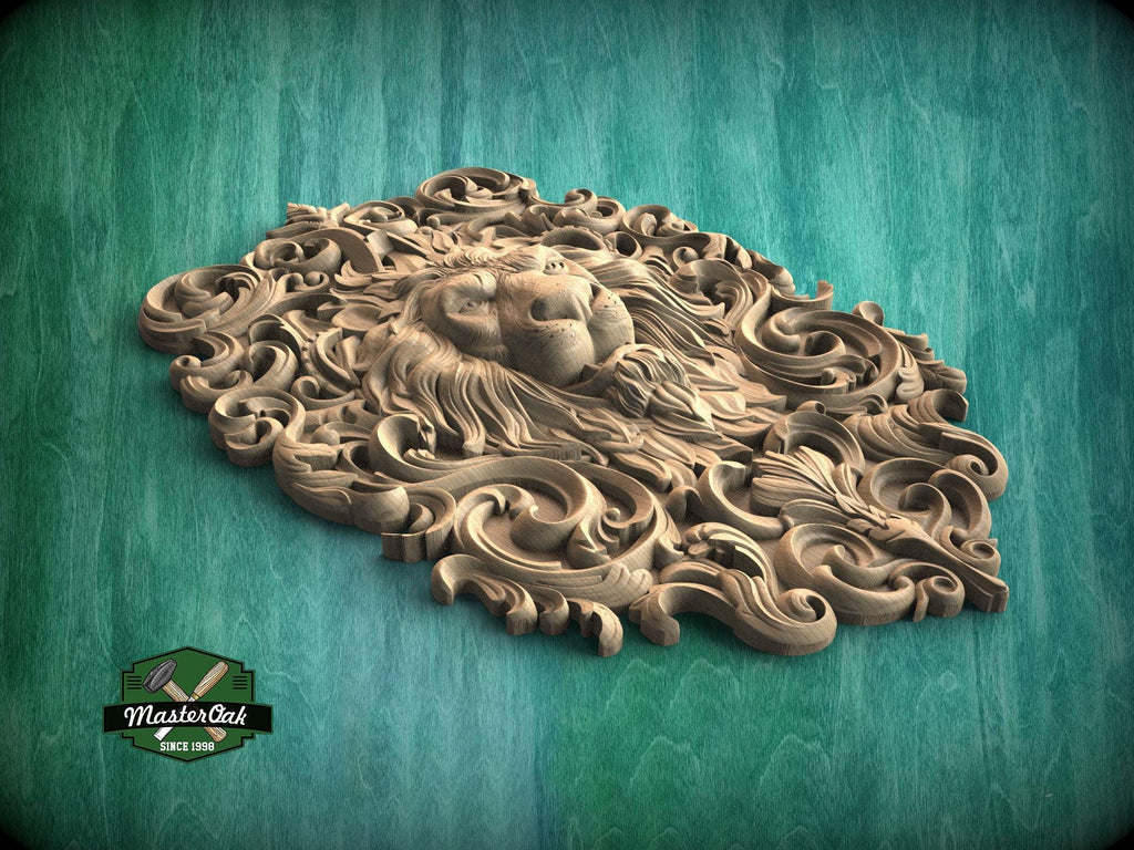 Majestic Carved Lion Head Wood Applique – Baroque Scrollwork Home Accent