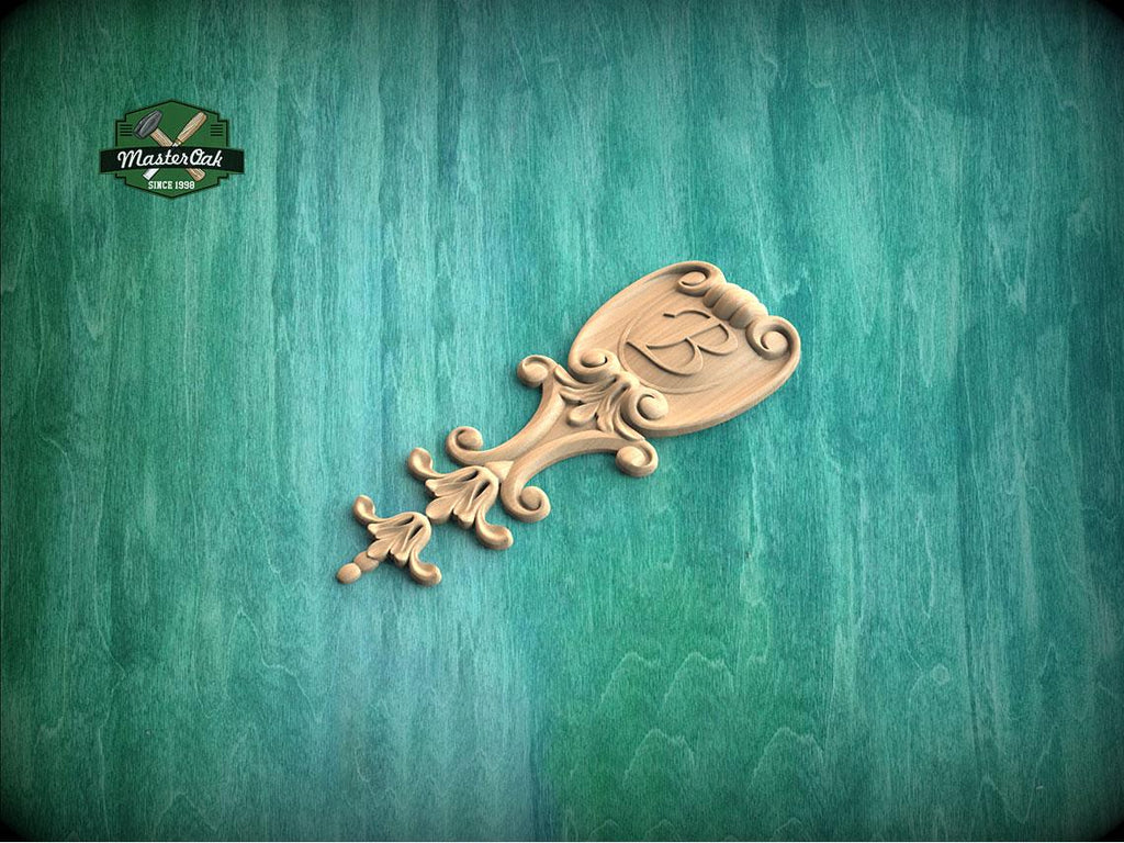 Personalized Elegant Vertical Wood Carving – Shield and Symbol Pattern Decor, Furniture Carving, Wood Onlay, 1pc, Unpainted