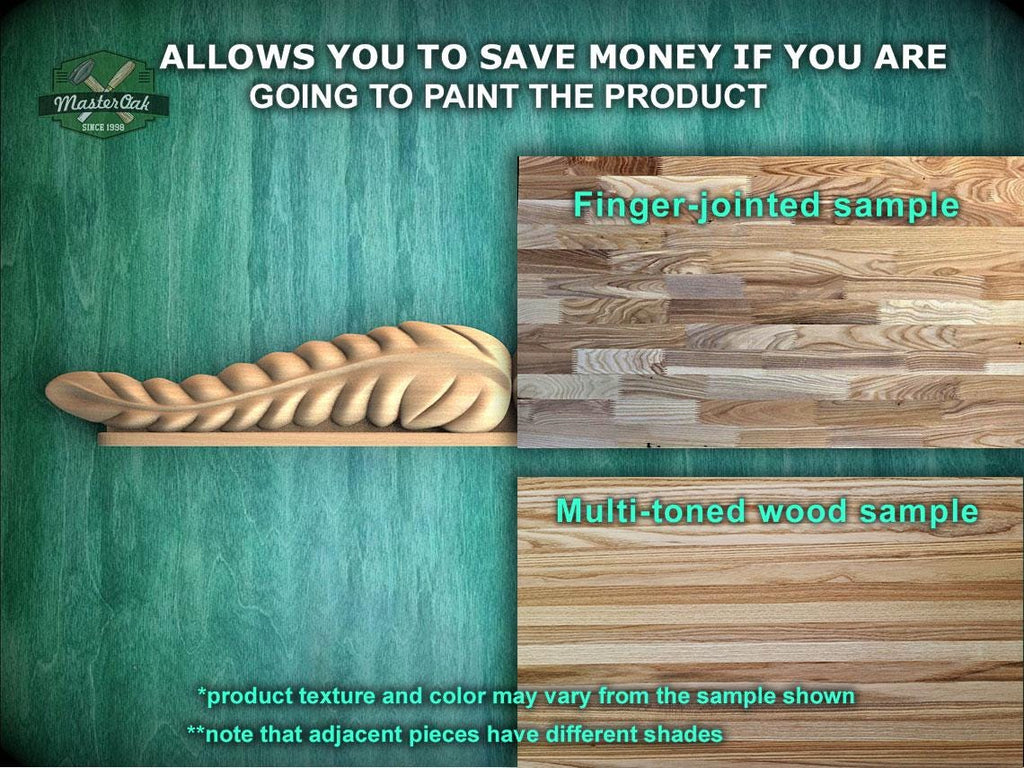 The image is a promotional advertisement for Master Oak's paint product, featuring a wooden leaf-shaped sample and a multi-toned wood sample. The text on the image encourages viewers to save money by painting the product, highlighting the different textures and colors available.