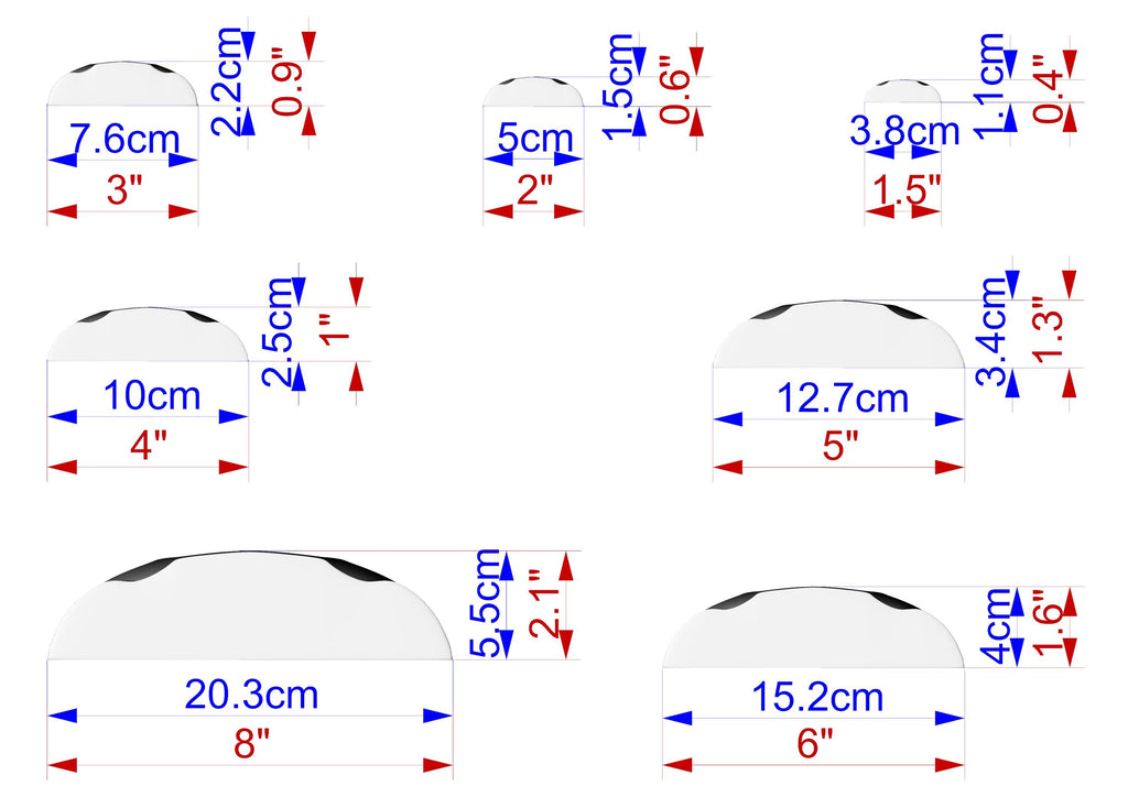 a collection of seven different sizes of white circles, each with a corresponding measurement in centimeters. The sizes range from 7.6 cm to 3.8 cm, and the measurements are labeled with both red and blue text. The circles are arranged in a grid-like pattern, with each circle being a separate element in the image.