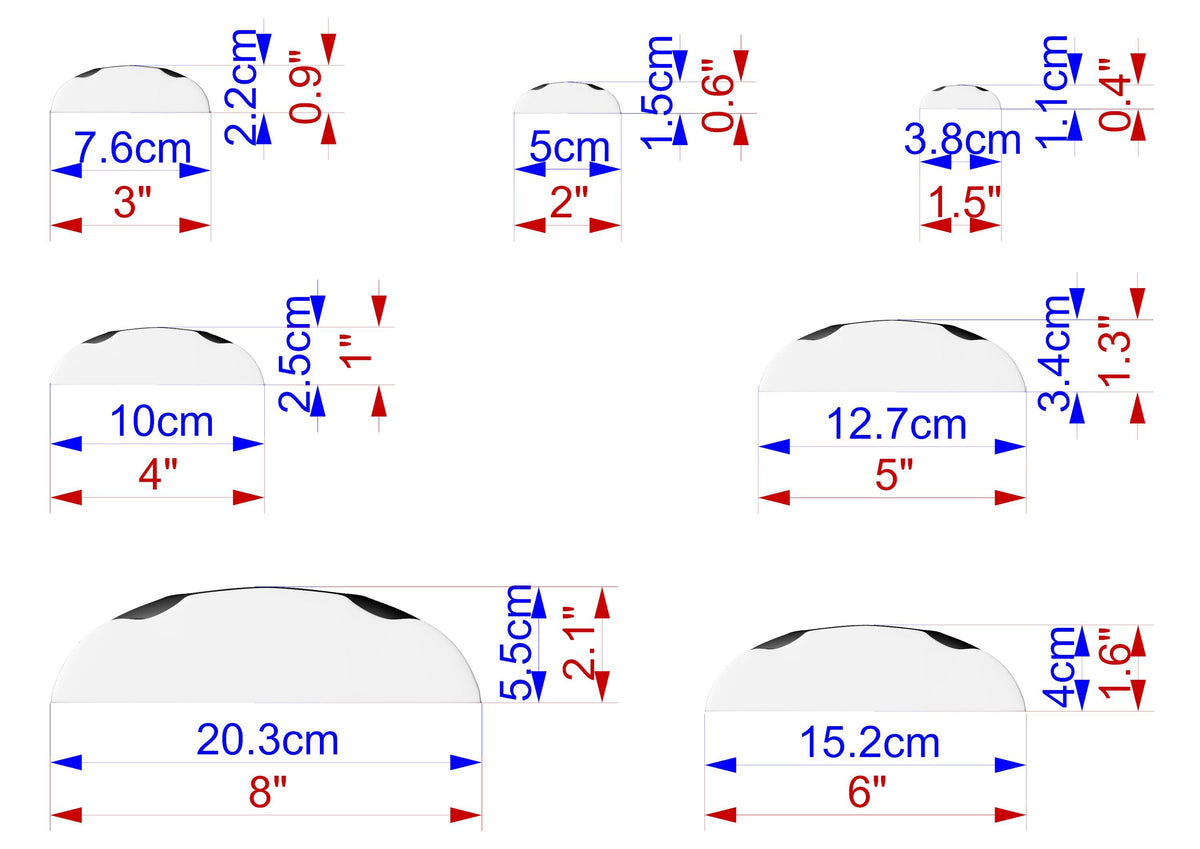 a collection of seven different sizes of white circles, each with a corresponding measurement in centimeters. The sizes range from 7.6 cm to 3.8 cm, and the measurements are labeled with both red and blue text. The circles are arranged in a grid-like pattern, with each circle being a separate element in the image.