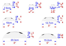 Load image into Gallery viewer, a collection of seven different sizes of white circles, each with a corresponding measurement in centimeters. The sizes range from 7.6 cm to 3.8 cm, and the measurements are labeled with both red and blue text. The circles are arranged in a grid-like pattern, with each circle being a separate element in the image.
