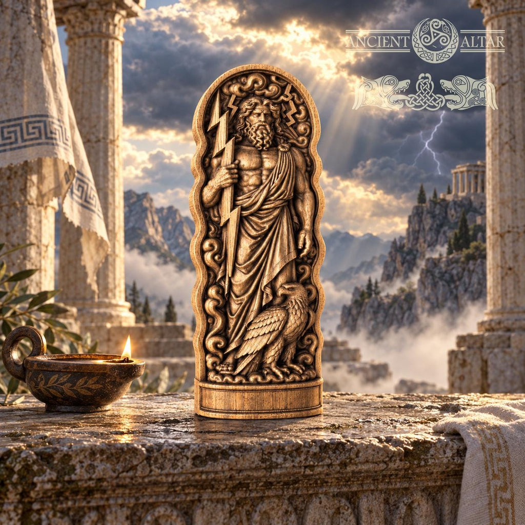 Zeus Wooden Statue, Greek God Figurine, Zeus with Eagle and Lightning Bolt, Ancient Greek Mythology Decor, Pagan Altar Sculpture