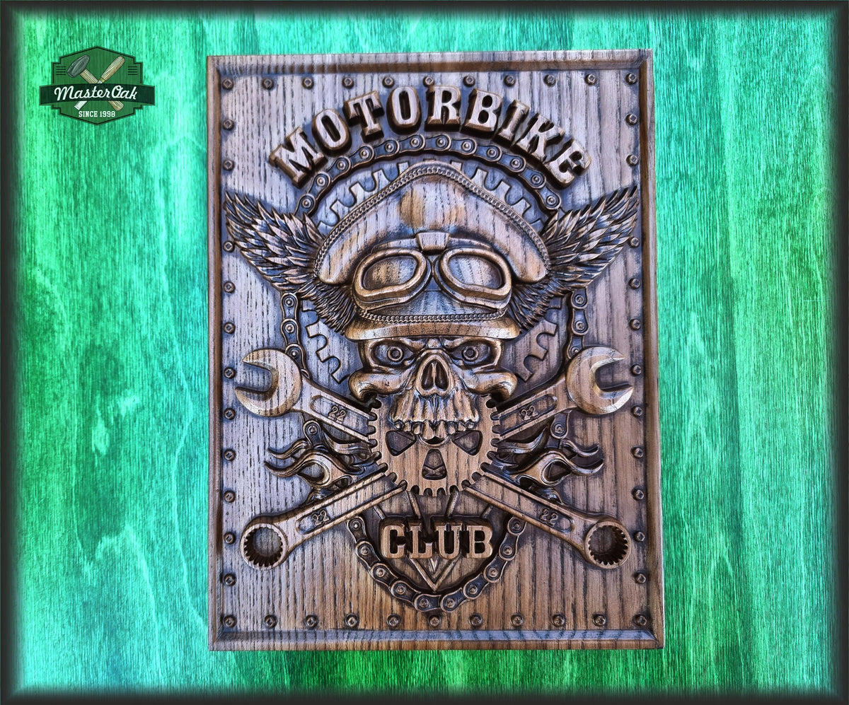 Motorbike Club carved painting, carved wood panno, Gift for biker