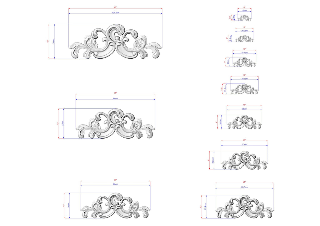 a series of ornate, decorative designs or patterns, each accompanied by a set of measurements in millimeters. The designs are arranged in a grid-like pattern, with each design varying in size. The image does not contain any text or additional elements that would require a more detailed description.