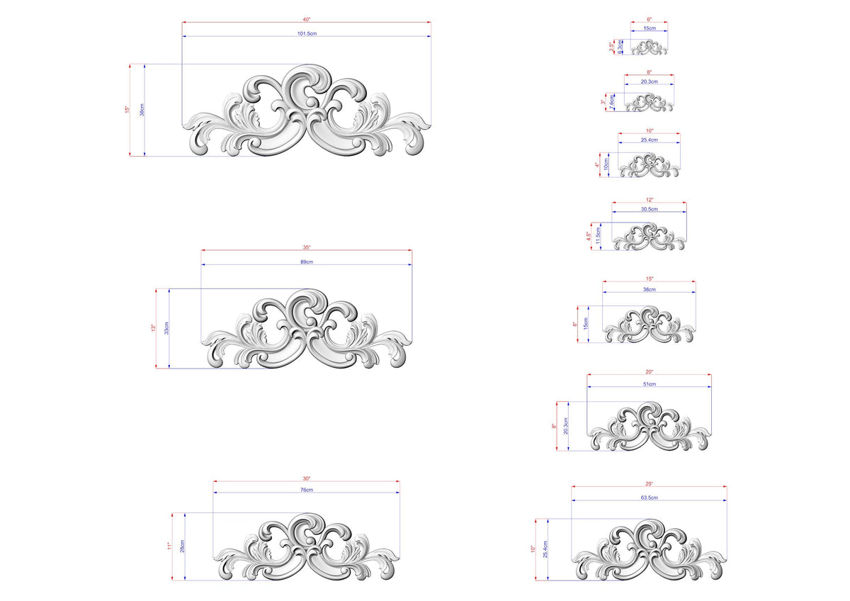 a series of ornate, decorative designs or patterns, each accompanied by a set of measurements in millimeters. The designs are arranged in a grid-like pattern, with each design varying in size. The image does not contain any text or additional elements that would require a more detailed description.