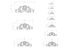 Load image into Gallery viewer, a series of ornate, decorative designs or patterns, each accompanied by a set of measurements in millimeters. The designs are arranged in a grid-like pattern, with each design varying in size. The image does not contain any text or additional elements that would require a more detailed description.
