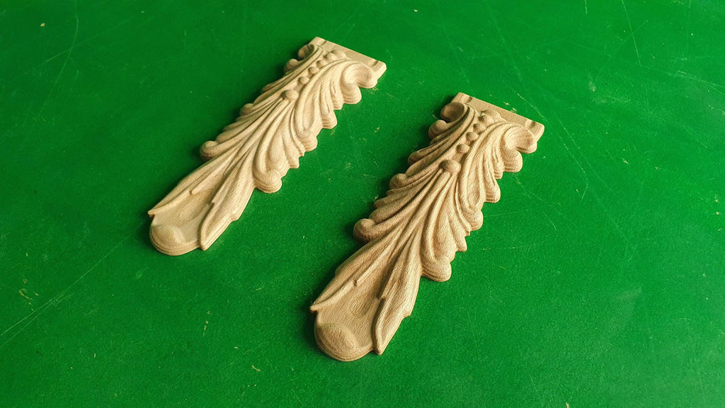 Pair decorative narrow shelf brackets, fireplace applique, Set 2pc