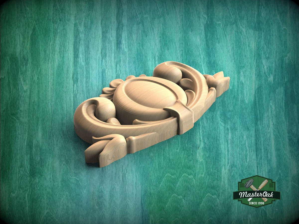 A wooden carving with intricate designs is displayed against a green background.