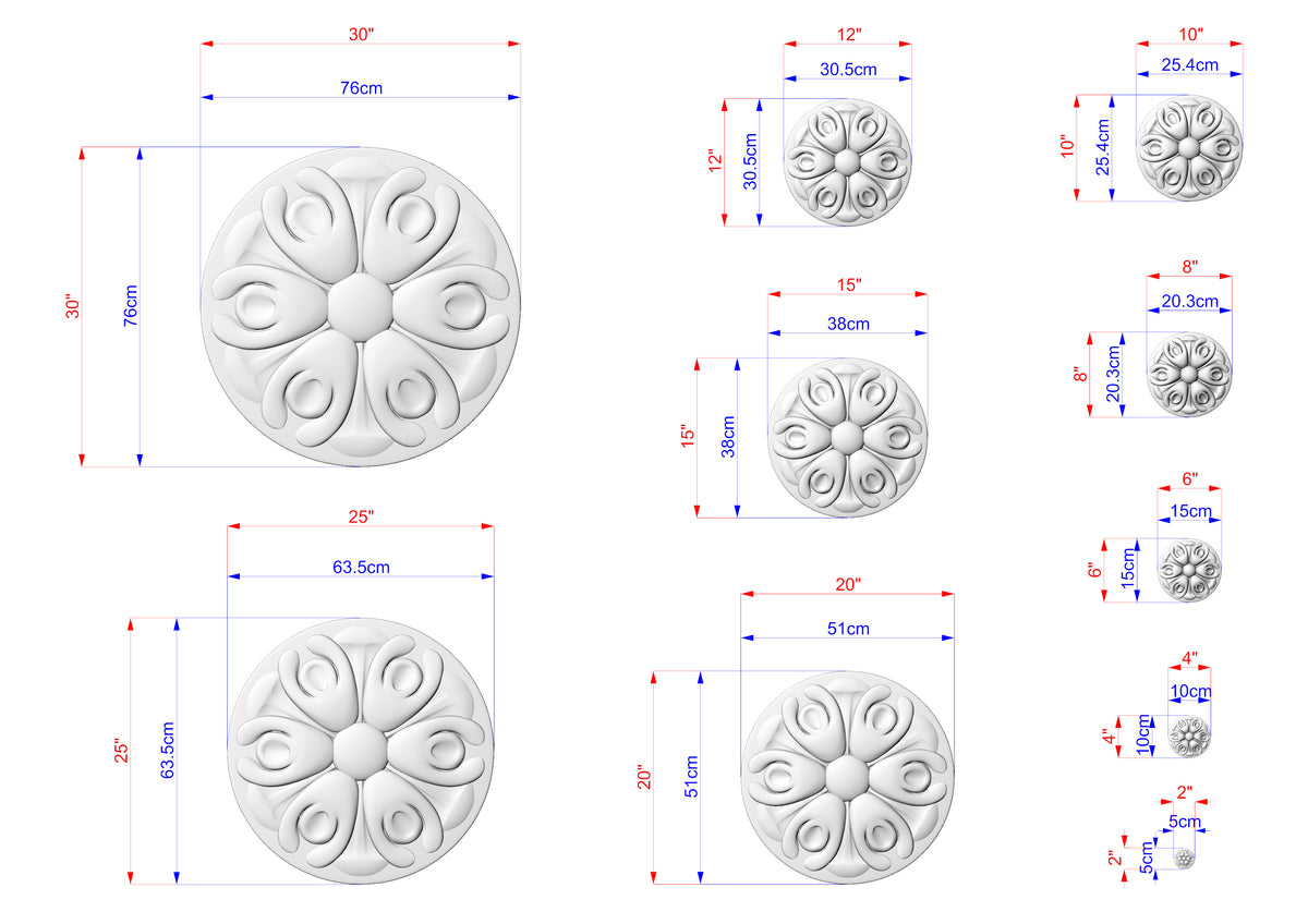 a collection of seven different sizes of white, circular designs, each with varying dimensions. The designs are arranged in a grid-like pattern, with each size corresponding to a specific measurement. The sizes range from small to large, and the designs feature intricate patterns and shapes.