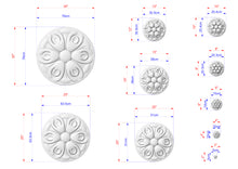 Load image into Gallery viewer, a collection of seven different sizes of white, circular designs, each with varying dimensions. The designs are arranged in a grid-like pattern, with each size corresponding to a specific measurement. The sizes range from small to large, and the designs feature intricate patterns and shapes.
