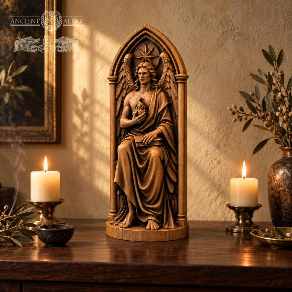 Lucifer Statue with Book and Flame, Solid Oak Fallen Angel Sculpture, Gothic Arch Altar Decor, Morning Star Figurine