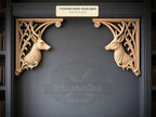 Carved Wood Deer Corner Onlays, Mirrored Pair with Antlers and Gothic Scrollwork