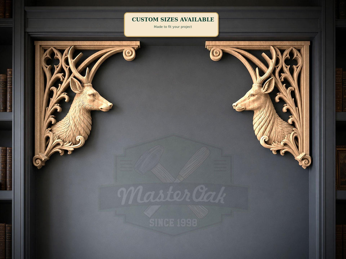 Carved Wood Deer Corner Onlays, Mirrored Pair with Antlers and Gothic Scrollwork