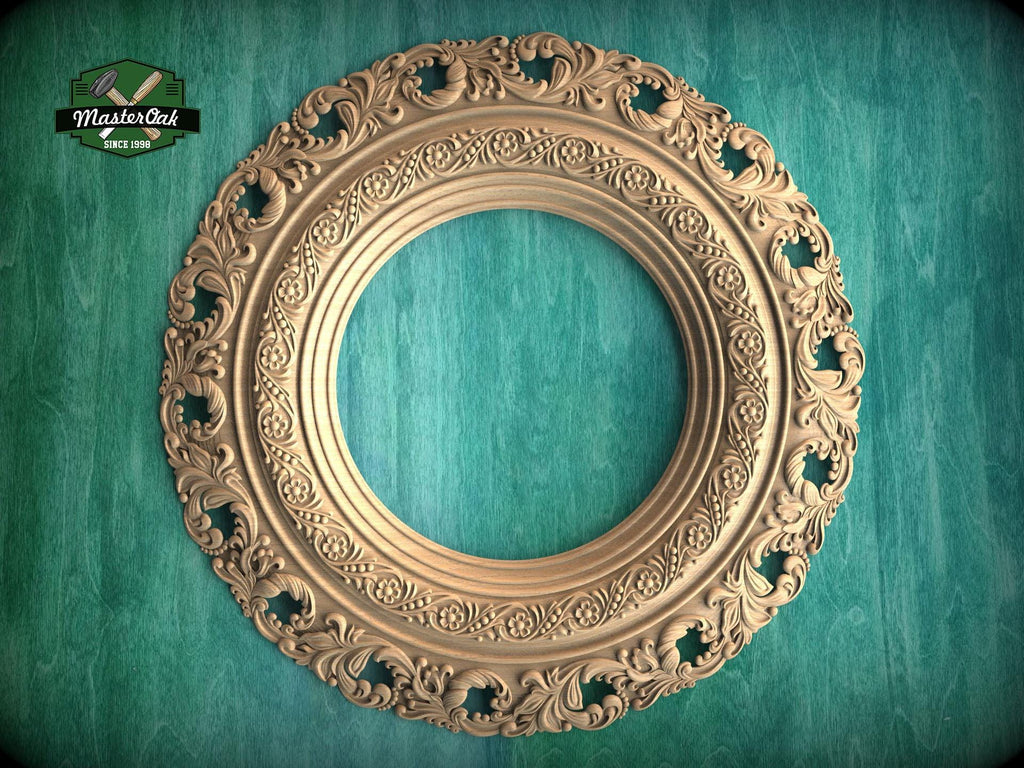 Elegant Circular Wood Mirror Frame with Detailed Foliate Carvings - Classic Home Decor, 1 pc, Unpainted,  Carved Mirror Frame