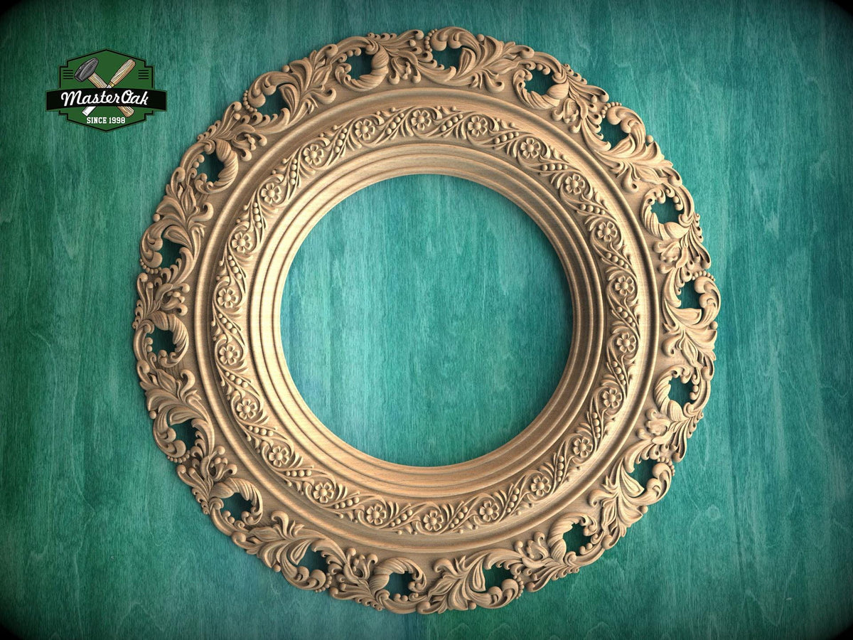Elegant Circular Wood Mirror Frame with Detailed Foliate Carvings - Classic Home Decor, 1 pc, Unpainted,  Carved Mirror Frame