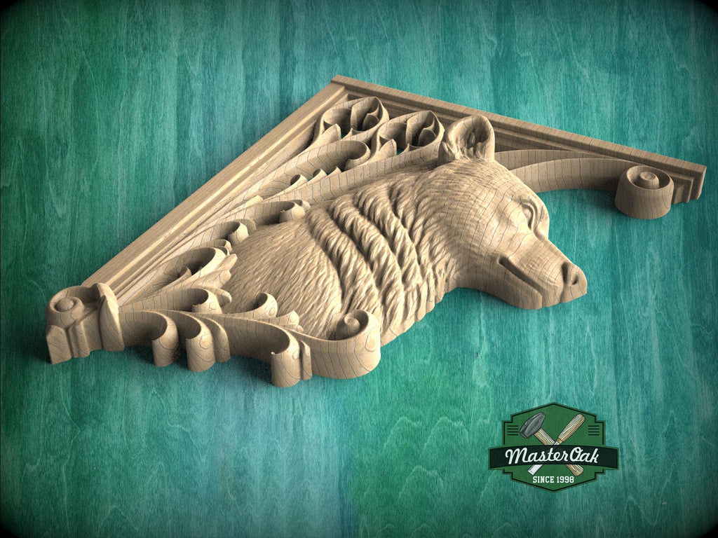 Carved Wood Bear Corner Onlays, Mirrored Pair with Gothic Scrollwork