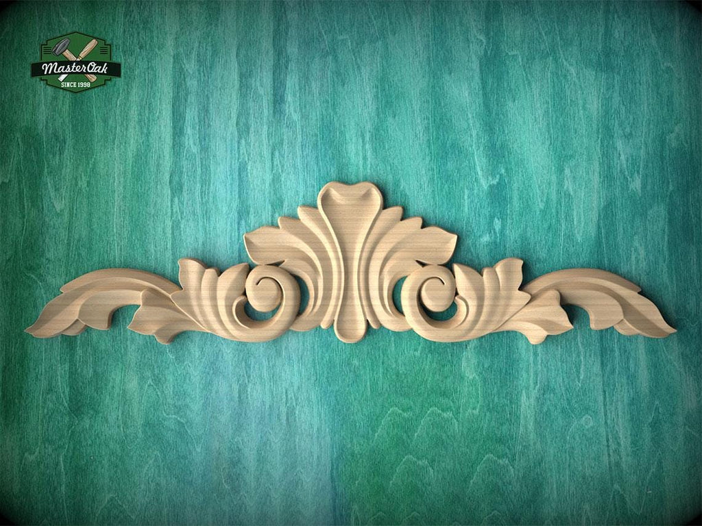 a decorative wooden carving on a green textured background.