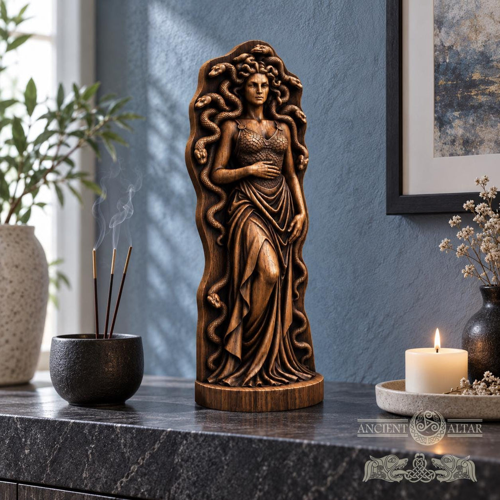 Medusa Gorgon Statue with Snakes, Wooden Greek Mythology Figurine, Serpent Woman Sculpture, Gothic Altar Decor, Fantasy Gift