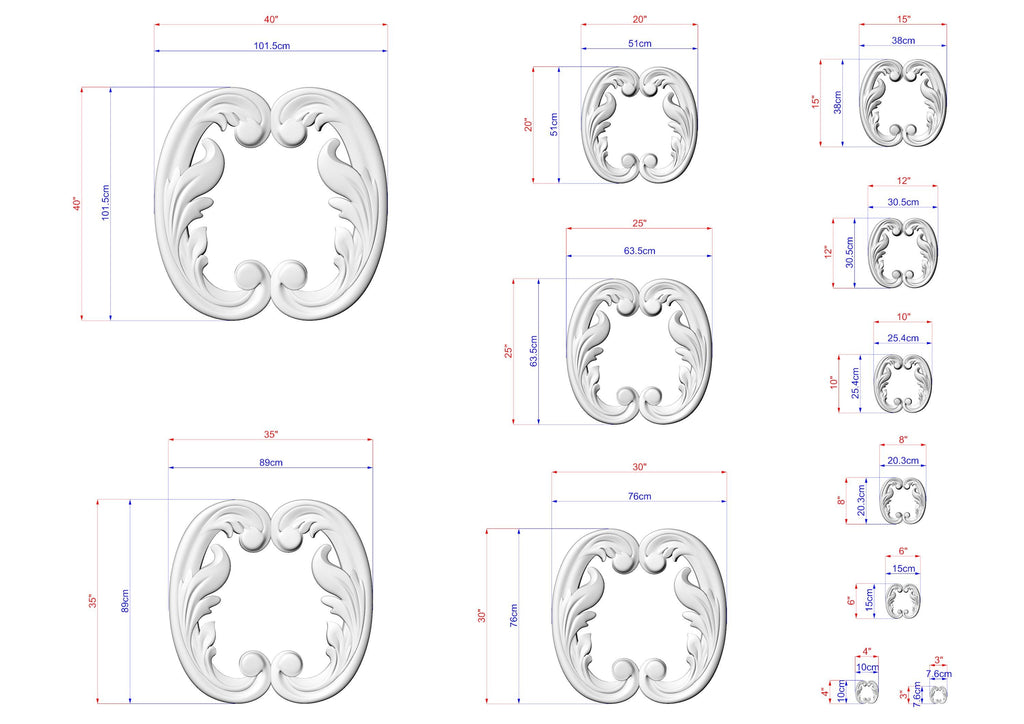various sizes of ornate, decorative moldings or sculptures, each with its own unique design. The moldings are depicted in different sizes, ranging from small to large, and are shown in a grid format with measurements provided. The image does not contain any text, and the descriptions provided are concise and avoid redundancy.