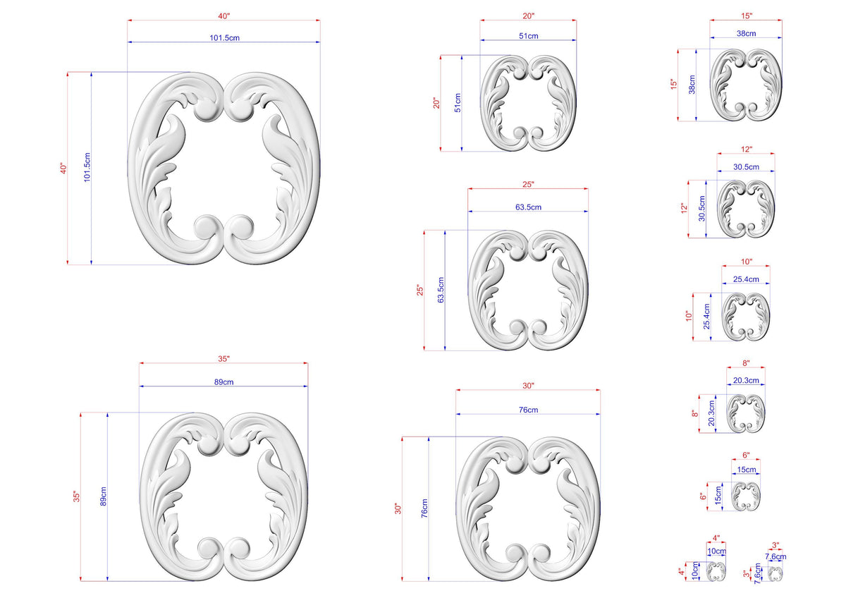 various sizes of ornate, decorative moldings or sculptures, each with its own unique design. The moldings are depicted in different sizes, ranging from small to large, and are shown in a grid format with measurements provided. The image does not contain any text, and the descriptions provided are concise and avoid redundancy.